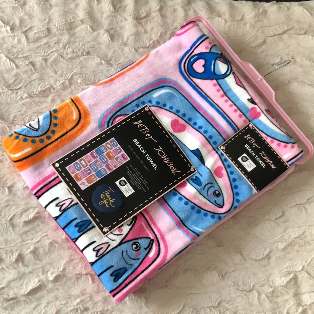 Betsey Johnson Pink Blue SARDINES Fish Print Beach Towel